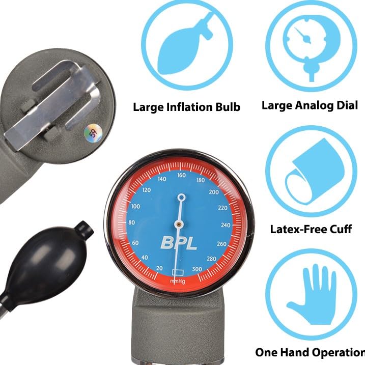 BPL Medical Technologies Manual Large Dial Aneroid Sphygmomanometer Blood Pressure Monitor - Gray