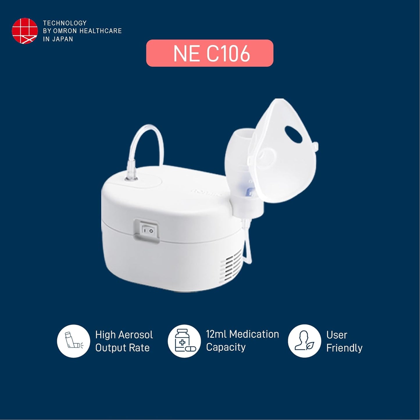 Omron Ultra Compact & Low Noise Compressor Nebulizer NEC-106 For Child & Adult White