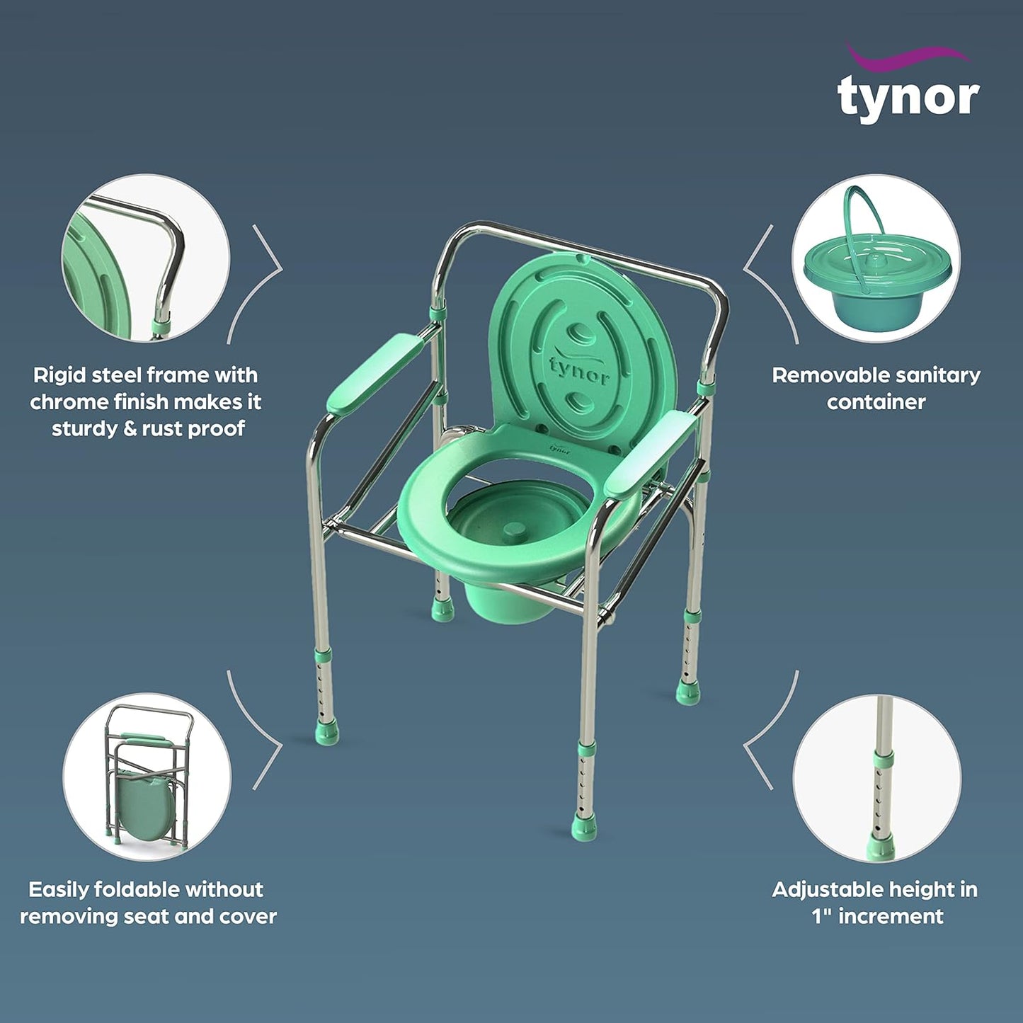 Tynor Commode Chair, for Elderly & Disabled | Foldable Portable Toilet Chair with Adjustable Height, Comfortable Padded Seat, Easy Mobility Commode Chair