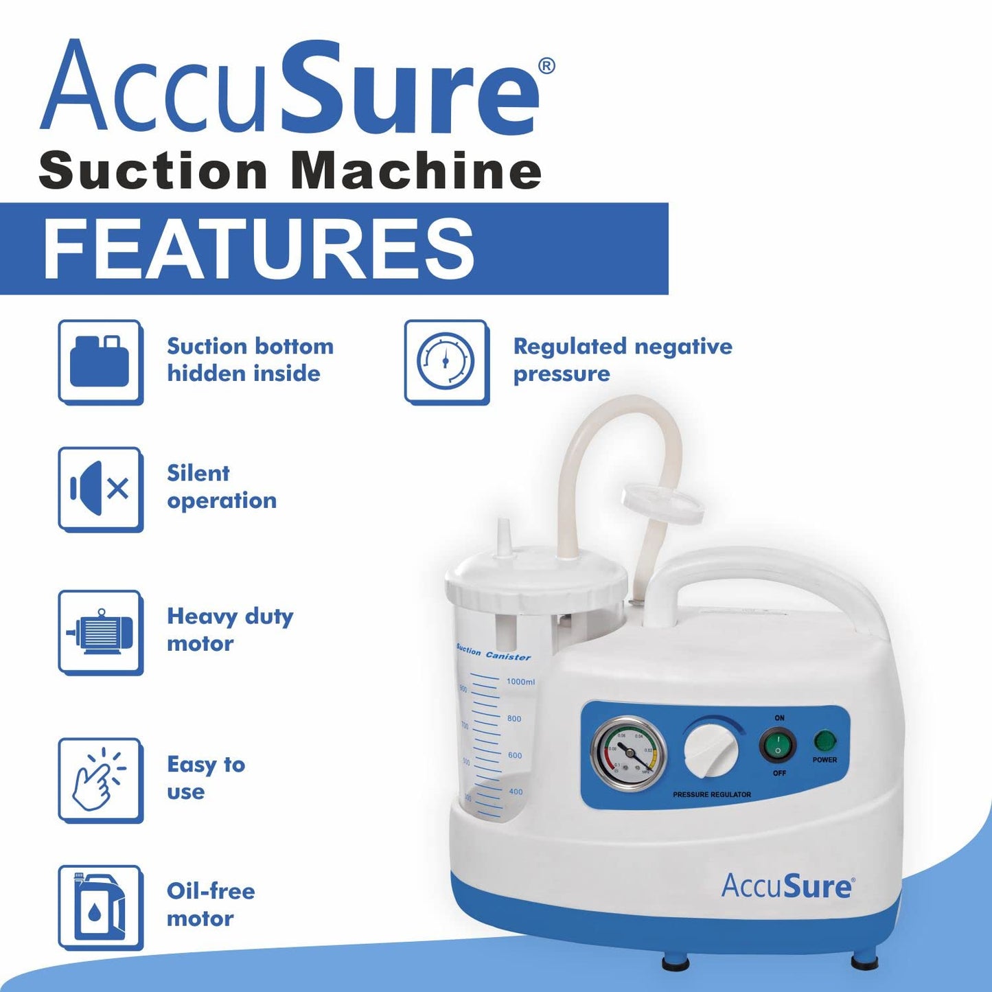 AccuSure Premium Quality Electric Oil-Free Low Noise Single Jar Portable Phlegm Suction Machine