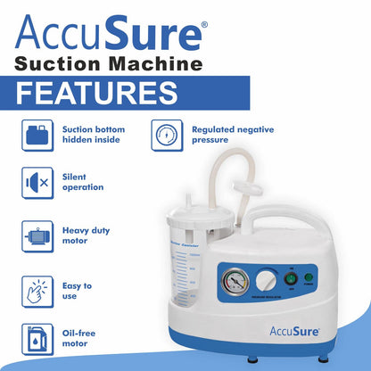 AccuSure Premium Quality Electric Oil-Free Low Noise Single Jar Portable Phlegm Suction Machine