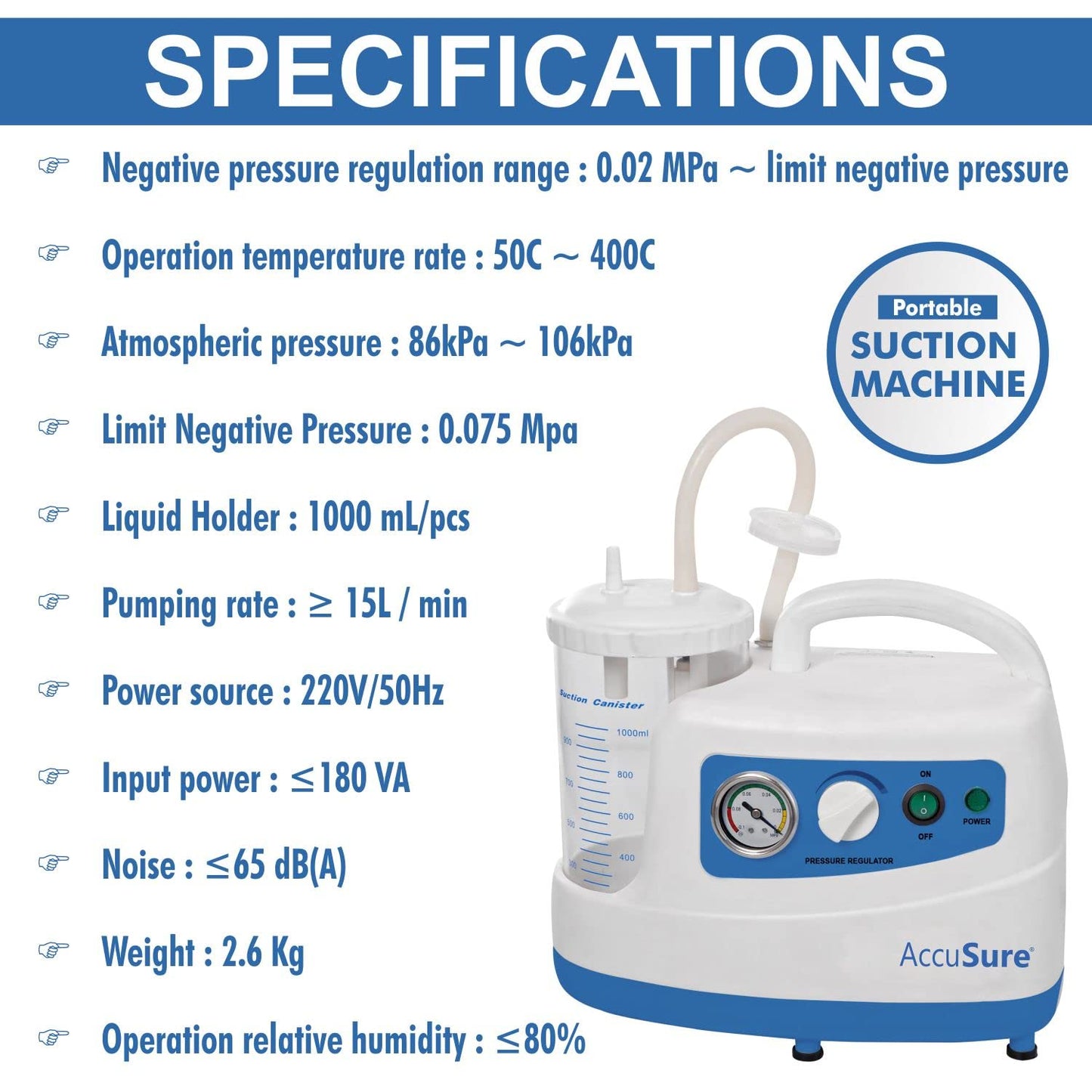 AccuSure Premium Quality Electric Oil-Free Low Noise Single Jar Portable Phlegm Suction Machine