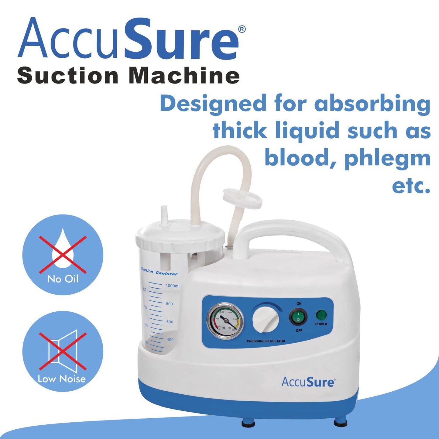 AccuSure Premium Quality Electric Oil-Free Low Noise Single Jar Portable Phlegm Suction Machine
