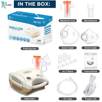 K-Life Neb-101 Compressor Nebulizer Machine Kit with Child and Adult Masks