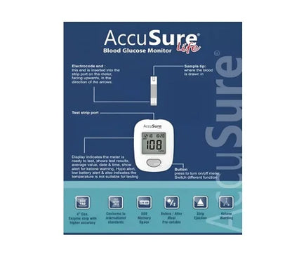 Accusure Life Blood Glucose Meter With 25 Test Strips