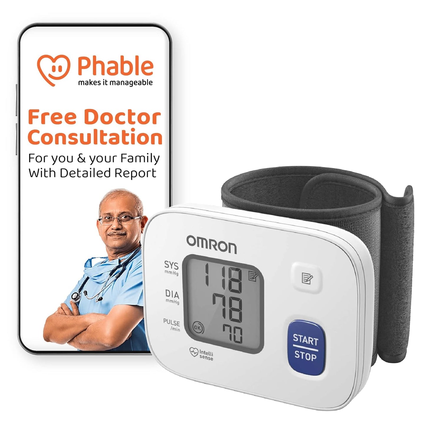 Omron HEM 6161 Digital Arm Blood Pressure Monitor With Phable's Care 360 Free Doctor Health Assessment, White