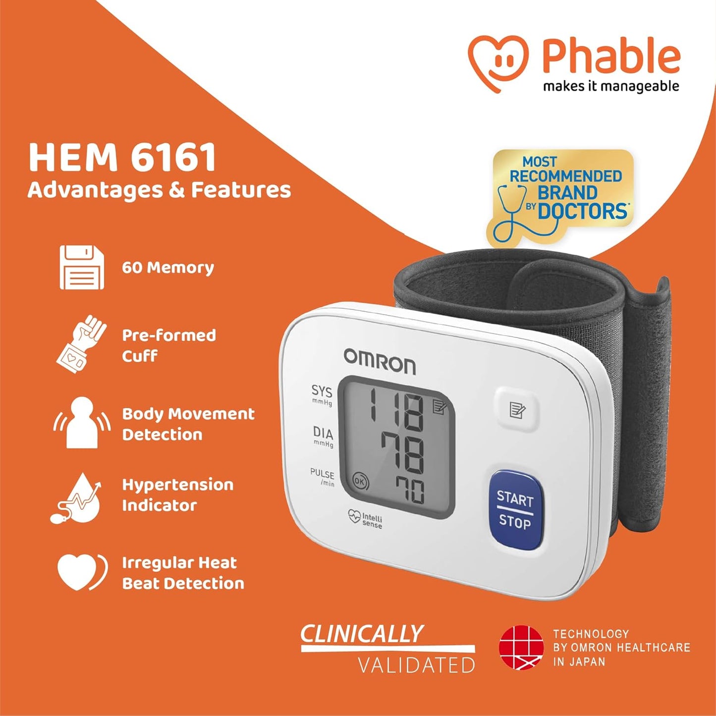 Omron HEM 6161 Digital Arm Blood Pressure Monitor With Phable's Care 360 Free Doctor Health Assessment, White