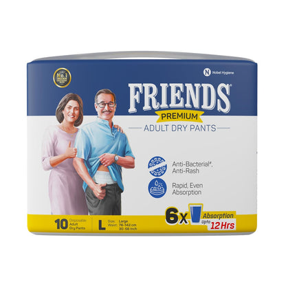 Friends Premium Adult Diapers Pants Style - 10 Count with odour lock, Unisex, Leakproof, Elastic Waist and Anti-Bacterial Absorbent Core