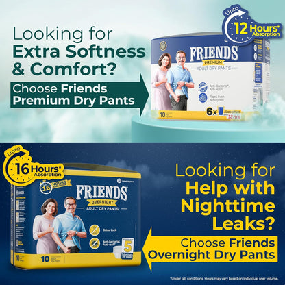 Friends Premium Adult Diapers Pants Style - 10 Count with odour lock, Unisex, Leakproof, Elastic Waist and Anti-Bacterial Absorbent Core