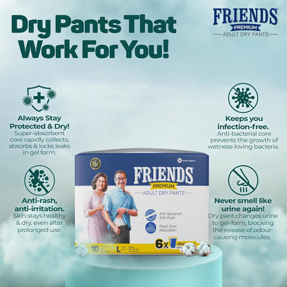 Friends Premium Adult Diapers Pants Style - 10 Count with odour lock, Unisex, Leakproof, Elastic Waist and Anti-Bacterial Absorbent Core