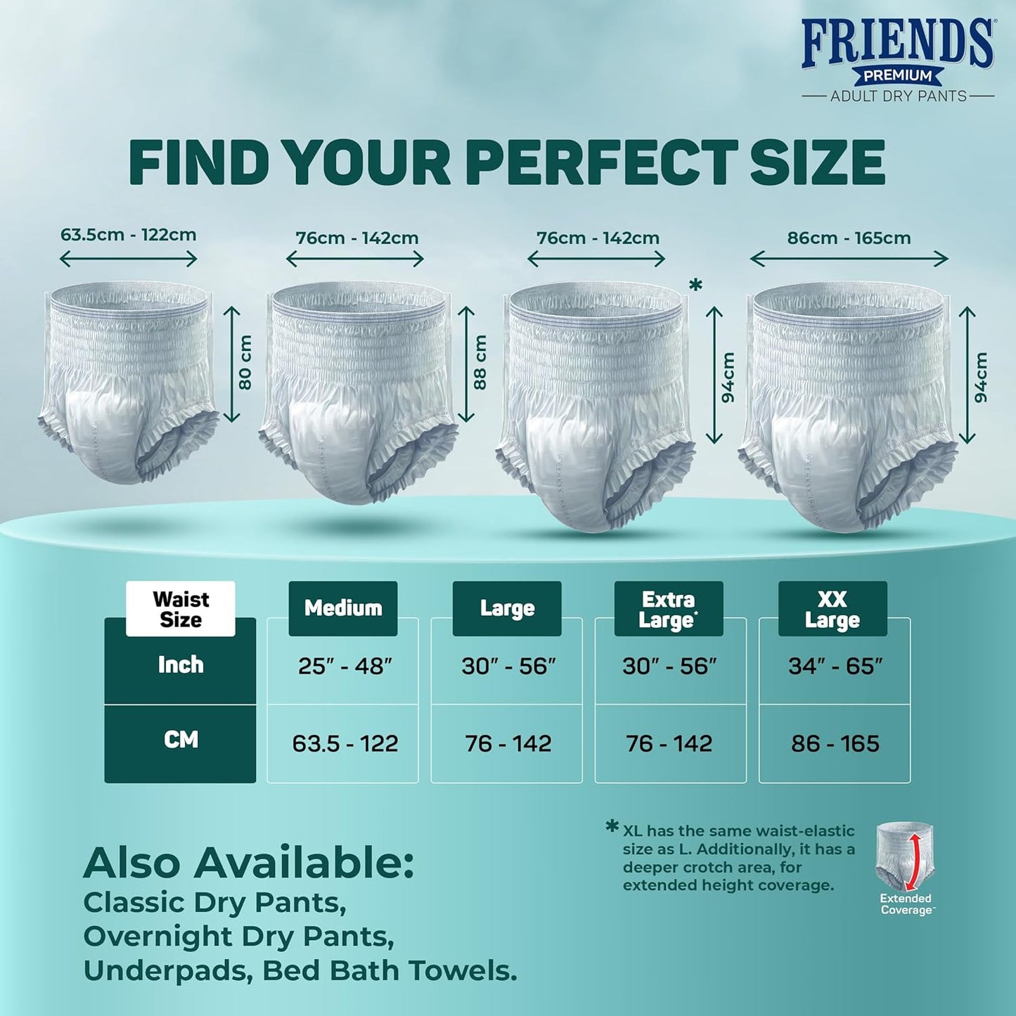 Friends Premium Adult Diapers Pants Style - 10 Count with odour lock, Unisex, Leakproof, Elastic Waist and Anti-Bacterial Absorbent Core