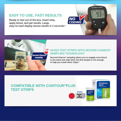 Contour Plus Blood Glucose Monitor, Glucometer with 25 Free Test Strips | Accurate Diabetes Testing Kit.