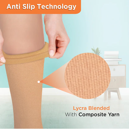 Medical Compression Stocking - Class 2 Knee Length | Mild Support | Improves Blood Circulation | Swollen | Tired | Aching Legs (Beige)
