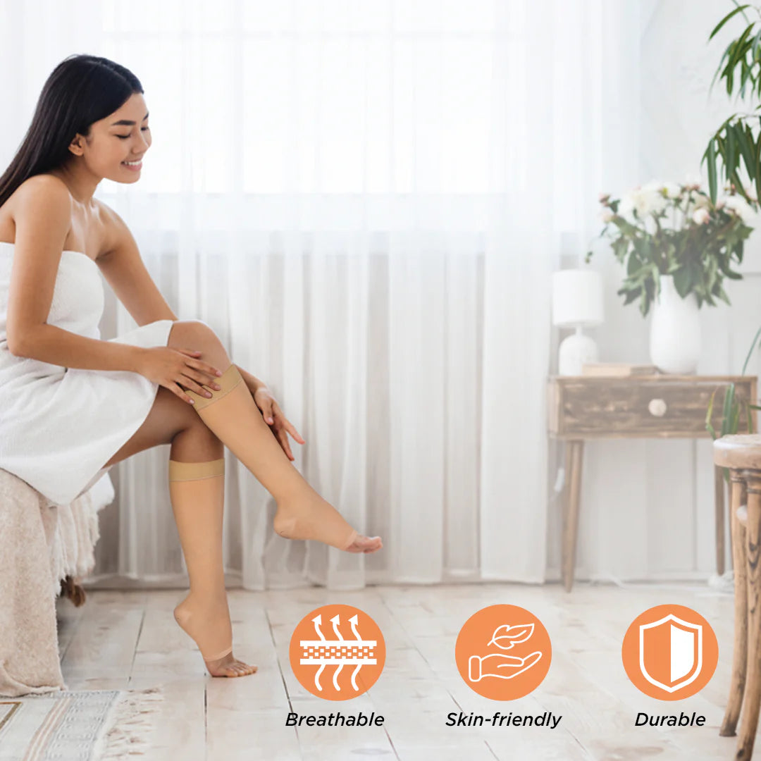 Medical Compression Stocking - Class 2 Knee Length | Mild Support | Improves Blood Circulation | Swollen | Tired | Aching Legs (Beige)
